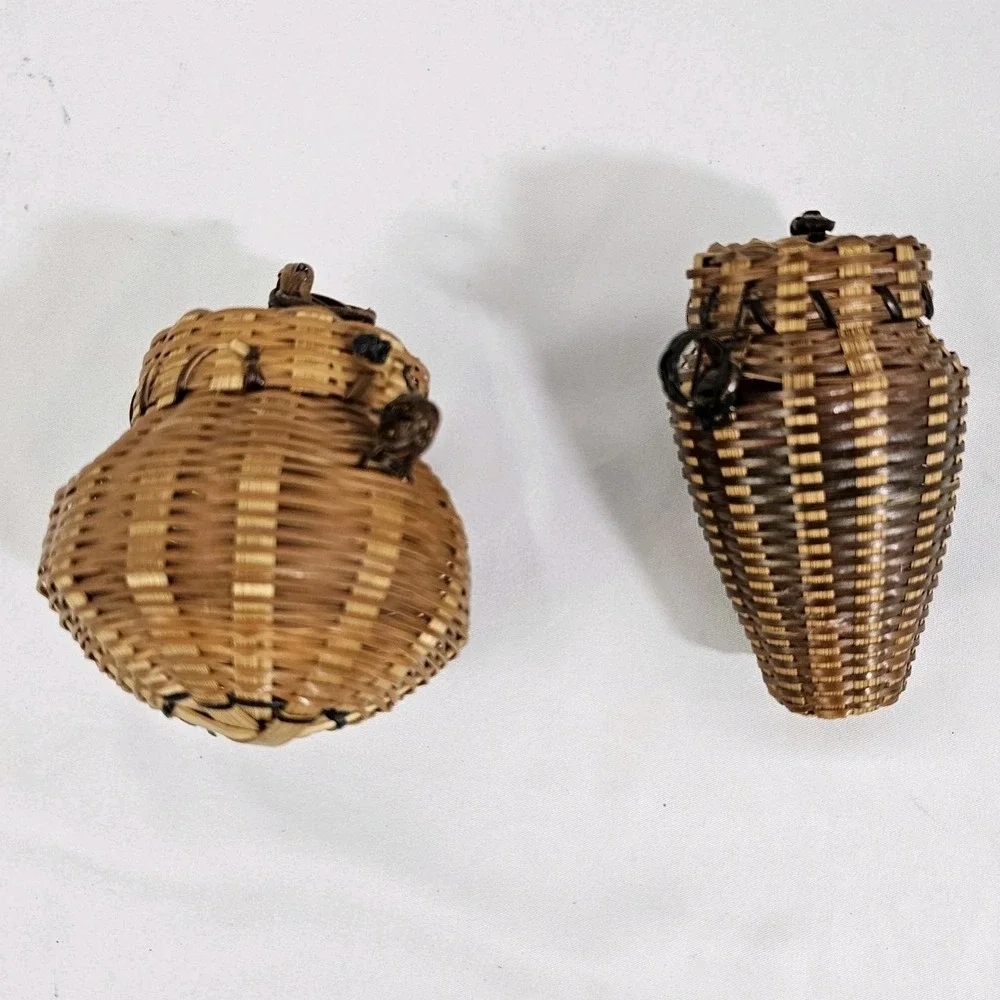 Miniature Pine Needle Baskets Grenade Cricket Cage Design Folk Art Lot Of 2 Vtg